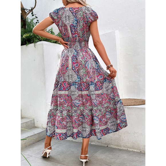 boho gypsy Paisley Print Shirred Detail Ruffle Hem Dress - Picture 9 of 12